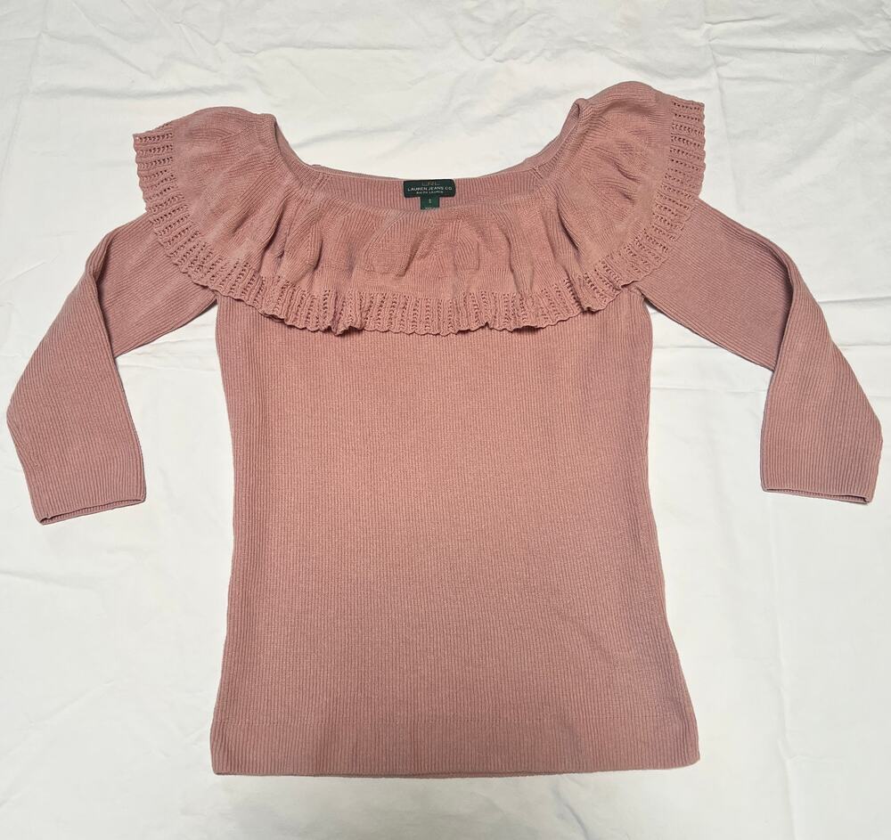 Lauren Jeans Co Ralph Lauren Womens Small Pink Ruffle Knit Sweater 3/4 Sleeve